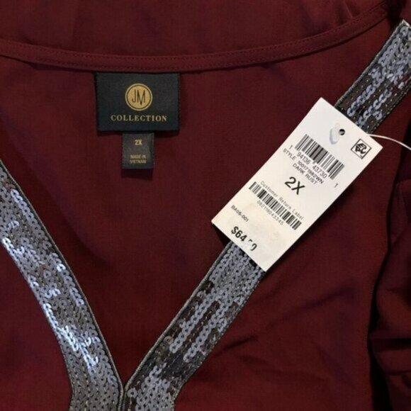 JM Collection Plus Size Burgundy Sequined-Neck 3/4-Sleeve Top NWT - Picture 5 of 6